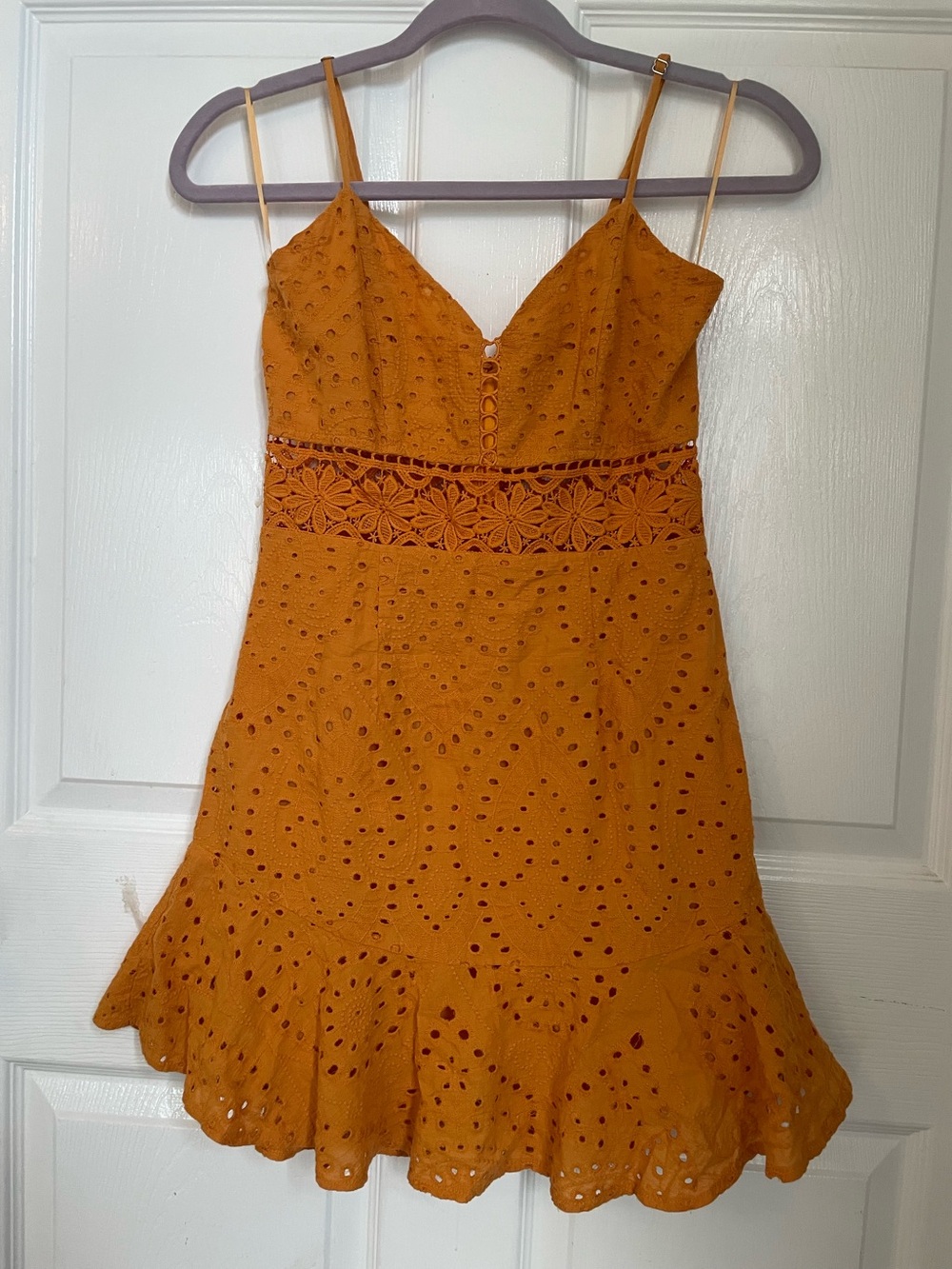 Spaghetti Strap Eyelet Mini Dress in Mustard Fashion Nova